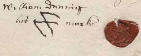  Signature of Wm Dunning from his will. In his will, William Dunning left £15 to Mary Dunning of Mersea Island (daughter of his brother Richard Dunning and baptised 28 July 1639).

The will is in the Essex Record office, reference D/ABW 66/31. 
Cat1 Museum-->Papers-->Other