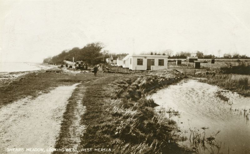  Shears Meadow looking west. Before the boating lake development. Postcard mailed 4 September 1929. 
Cat1 Mersea-->Beach