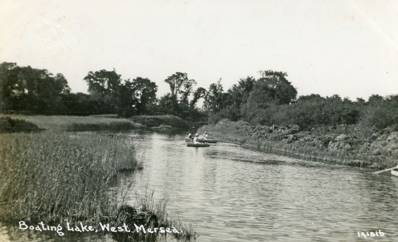  Boating Lake at Shears Meadow, West Mersea. Postcard 141516 mailed 16 August 1938 to Miss Muriel Smith, Thornton Heath, Surrey.

Joan Mills in the nearest boat - married Harry Vince. [ Brian Jay ] 
Cat1 Mersea-->Views