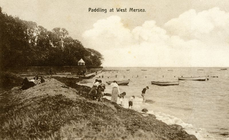  Paddling at West Mersea. By the Monkey Steps.

Another copy of this card was mailed from Daisy Bank, West Mersea 13 August 1913. 
Cat1 Mersea-->Beach