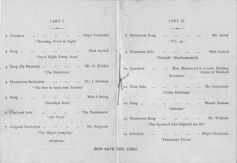  T.S.S. DEMOSTHENES Souvenir Programme of Concert.

From papers relating to Ernest Appleton. 
Cat1 Tollesbury-->Yachting