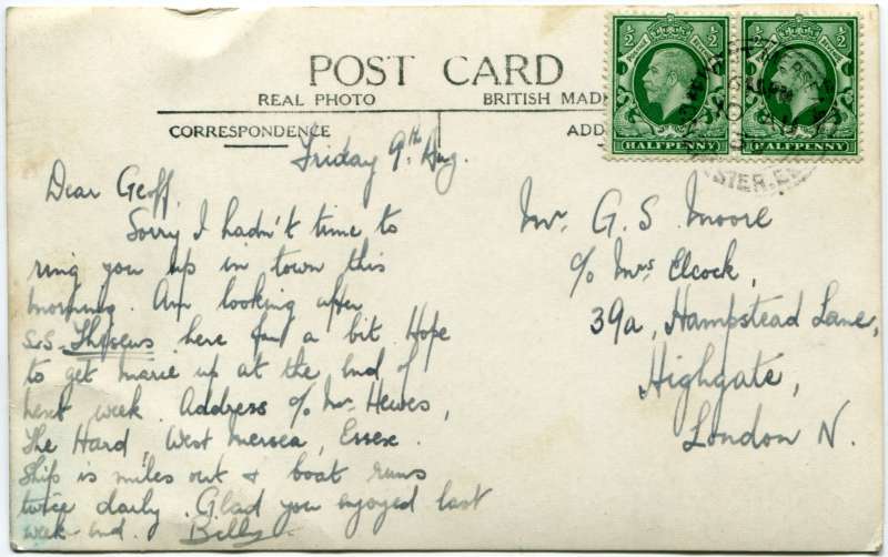 Back of postcard RG03_421, posted by Billy to Geoff Moore in London 10 August 1935.

Billy says 