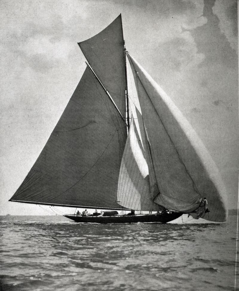  52 footer SONYA rustles through the Solent under her spinnaker in 1905 with Captain Fred Stokes of Tollesbury at the tiller. She was designed by the American yachtbuilding genius Nathaniel Herreshoff for Mrs Turner-Farley to race in a keenly sailed class.

Picture used in The Salty Shore, page 110.

See also Courier article COR_015. 
Cat1 Yachts and yachting-->Sail-->Larger