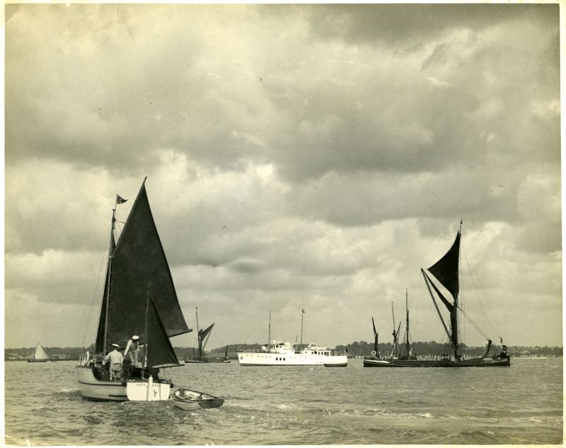  Study on the Colne of Barges, an oyster boat, and pleasure boats. Launch on the left is GRETA R.M.Y.C. Douglas Went photograph. 
Cat1 Barges-->Pictures Cat2 Places-->Colne