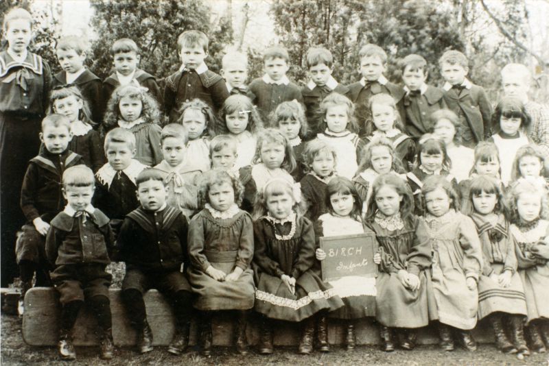  Birch School c1908.

Back row 1., 2., 3., 4., 5., 6., 7., 8., 9. Albert 'Bert' Taylor

Second row from back ...

Third row from front, L-R, 1., 2. Arthur Partner, 3., 4., 5., 6., 7. Kate Potter, 8., 9., 10.

Front row 1., 2., 3., 4., 5., 6., 7. Gertrude Elizabeth Taylor, 8., 9.

Photograph 9. 
Cat1 Birch-->School