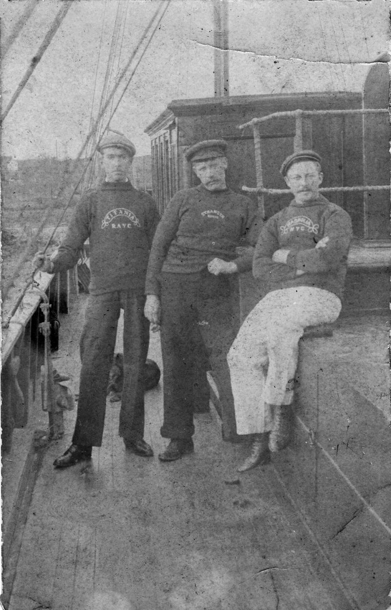 George and William Sheldrick are in this photo but not sure who's who. The name on left jumper is TITANIA RAYC. Postmark is Wivenhoe, April 12, 1907 
Cat1 People-->Fishermen and Seamen