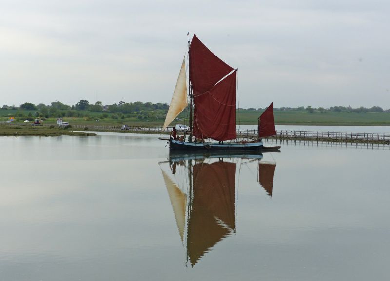  May 2015 Des Kaliszewski sailed his barge CYGNET up Pyefleet to the Strood. It is many years since barges regularly came up to the Strood to unload at the wharf there. The view is looking southwest towards West Mersea. 
Cat1 Barges-->Pictures Cat2 Mersea-->Strood Cat3 Mersea-->Creeks, fleets, channels, saltings