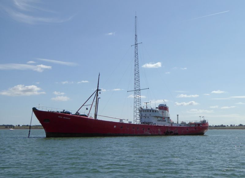 The Radio Caroline ship ROSS REVENGE laid up in River Blackwater.

She arrived 1 August 2014 on her second visit to the River. She had previously been anchored in River October 1993 to August 1995. Date: 6 September 2015.