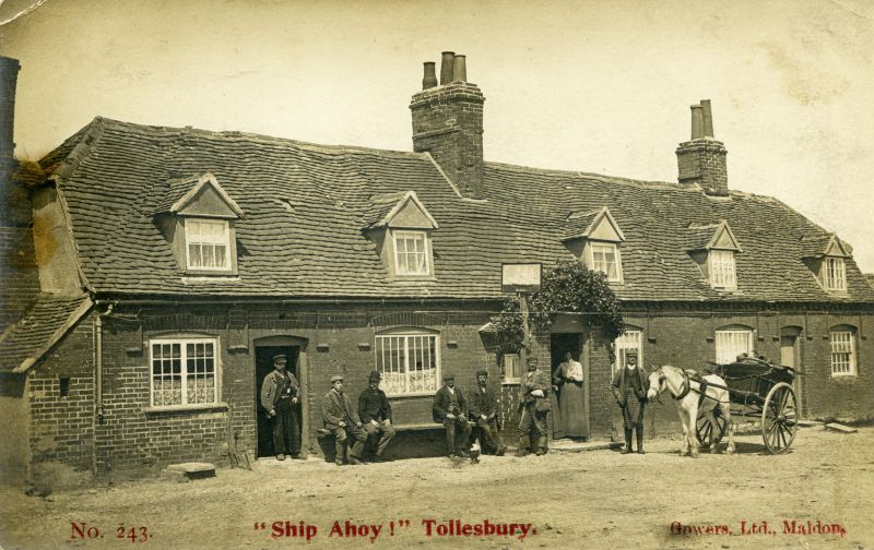  Ship Ahoy, Tollesbury. Gowers Postcard No.243 posted before 1910.

The 17th Century inn was formerly named 'The Crooked Billet', then variously as 'The Hoy' and the 'Ship Ahoy'. It was closed after the First World War. Once part of the Guisnes Court estate, it was a rendezvous for smugglers with their illicit cargoes. 

The building, along with Old Hall marshes, is now owned by RSPB, ...
Cat1 Tollesbury-->Pubs Cat2 [Display on front screen]