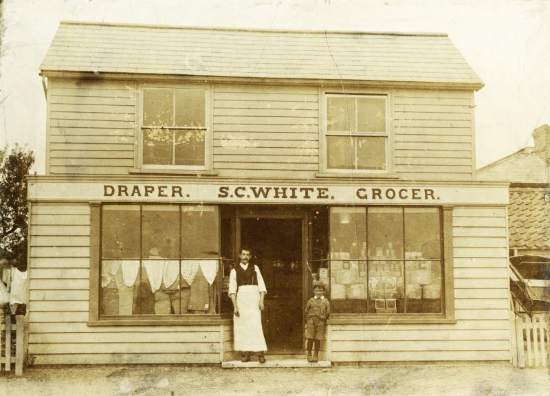  S.C. White, Draper and Grocer's shop. Peldon

Edgar Charles Dansie and Leonard Dansie ? 
Cat1 Families-->White Cat2 Places-->Peldon-->Shops and Businesses