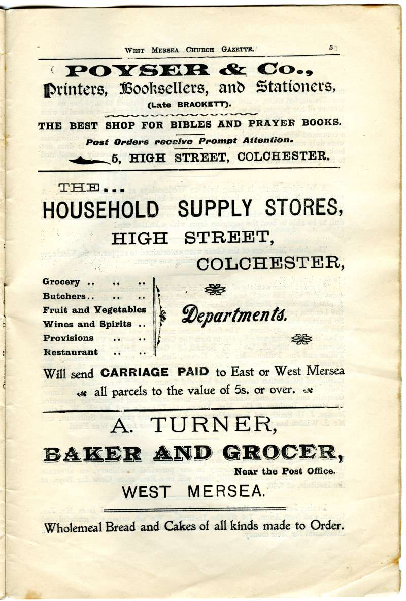  West Mersea Church Gazette page 5 - follows the short story insert.

Poyser & Co, printers etc

A. Turner, Baker & Grocer, West Mersea. 
Cat1 Books-->Church Gazette Cat2 Mersea-->Shops & Businesses