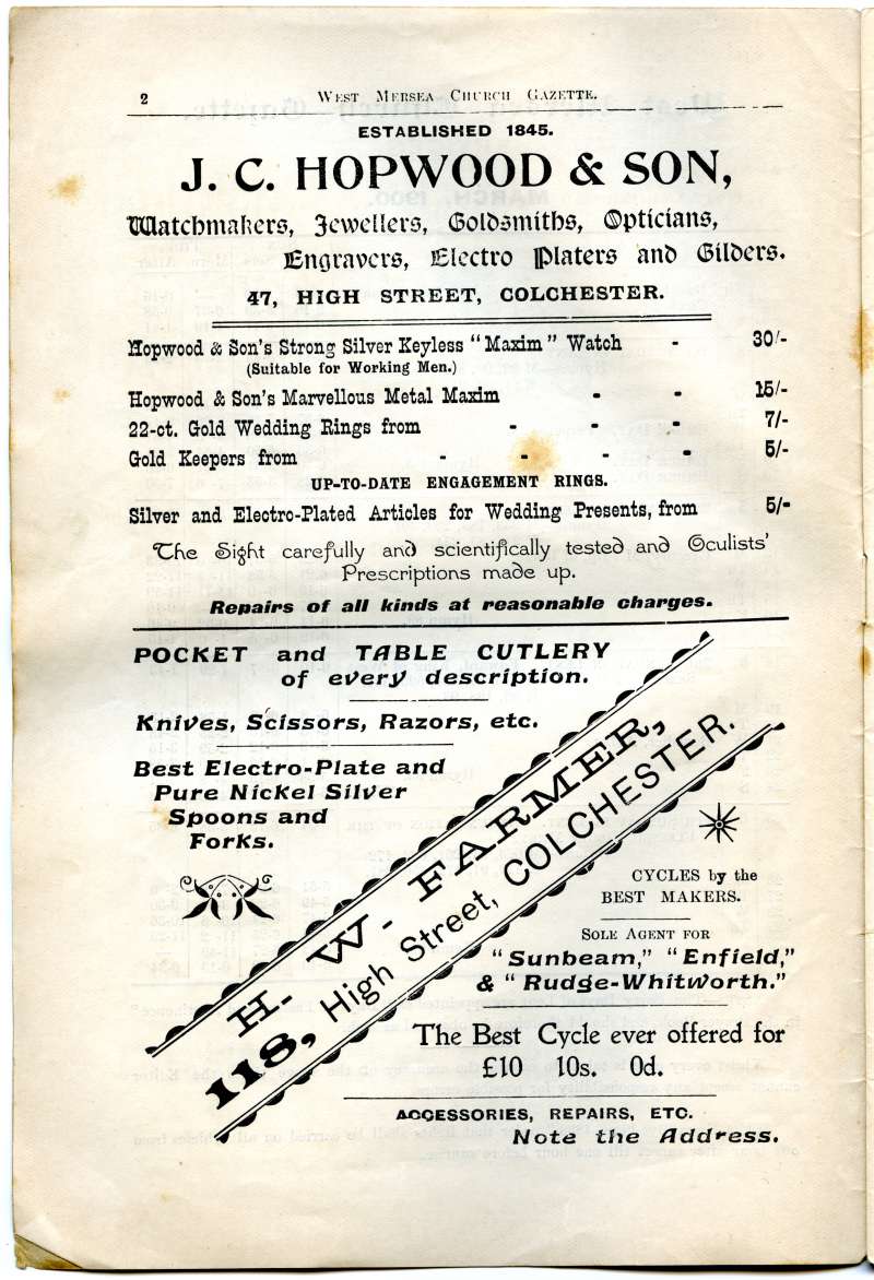  West Mersea Church Gazette page 2.

J.C. Hopwood Jewellers

H.W. Farmer cutlery, cycles 
Cat1 Books-->Church Gazette