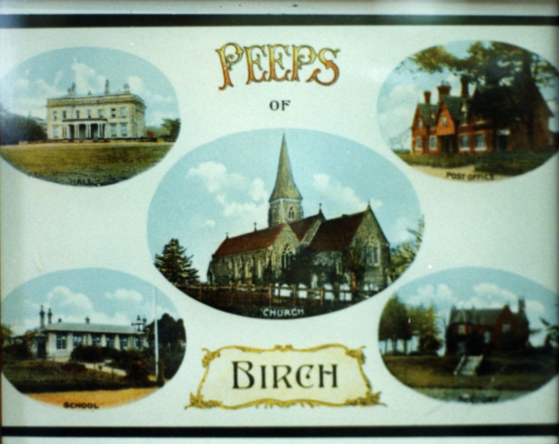  Peeps of Birch. Multiview postcard of Birch - the Hall, Church, School, Post Office and Rectory.

Photo 55J B.S. 
Cat1 Birch-->Buildings