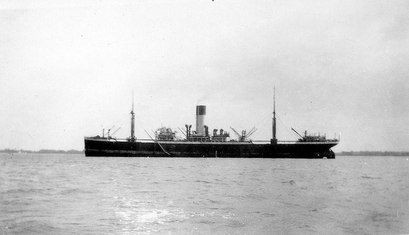 Blue Funnel Line vessel in the River Blackwater. Unidentified but one of the one of the Holts Standard Type built 1911-13. The vessels that surved WW1 were THESEUS, NELEUS, ATREUS, RHESUS, DEMODOCUS and LAOMEDON but most likely to be THESEUS which was laid up in in the river in the 1930s. Date: c1935.