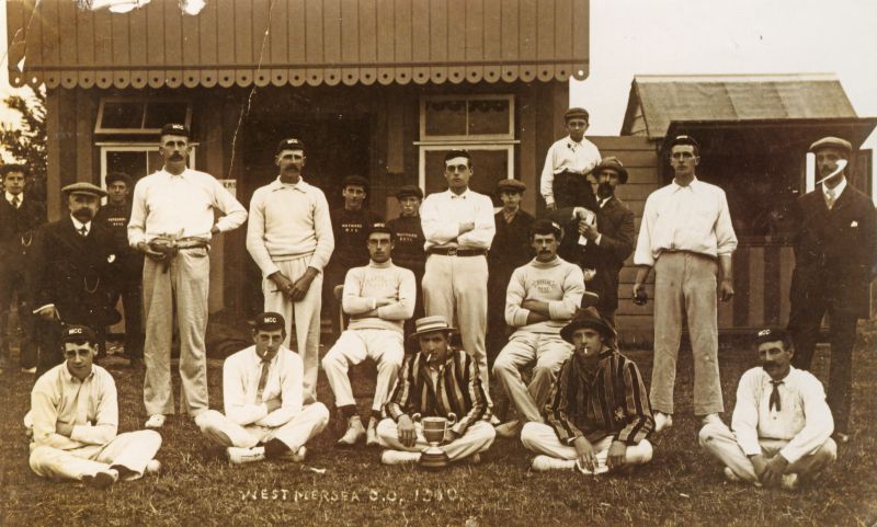  Mersea Cricket Team in the early 1900s at The Glebe. Note that five members are wearing ship or yacht jersey. 
Cat1 People-->Sport