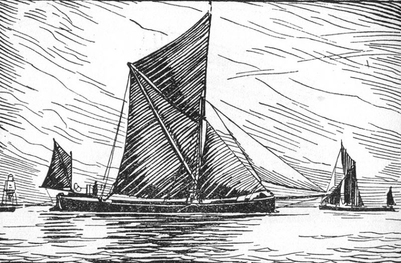  From Sailing Ships Through the Ages - drawings by F.B. Harnack. Page 54.


THAMES BARGE


The tan-sailed spritsail barge is one of the few surviving types of sailing craft to be seen round our coasts. Though used mainly for coasting work, the Thames Barge is a familiar sight in near Continental ports. These vessels have flat bottoms but are fitted with leeboards to counteract leeway. ...
Cat1 Art-->Fid Harnack Cat2 Barges-->Pictures