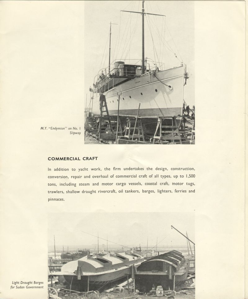  Aldous Successors Ltd catalogue --- page 11. Photographs of Motor Yacht ENDYMION and light draught barges for Sudan Government 
Cat1 Places-->Brightlingsea-->Shipyards Cat2 Yachts and yachting-->Motor