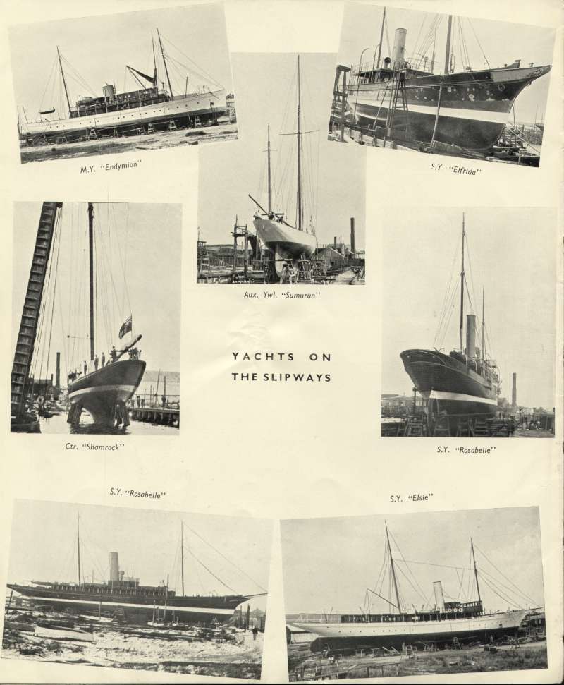  Aldous Successors Ltd catalogue --- page 30. Yachts on slipways. Pictures of Motor Yacht ENDYMION, Steam Yacht ELFRIDA, cutter SHAMROCK, Steam Yacht ROSABELLE and Steam Yacht ELSIE. 
Cat1 Places-->Brightlingsea-->Shipyards Cat2 Yachts and yachting-->Motor Cat3 Yachts and yachting-->Steam