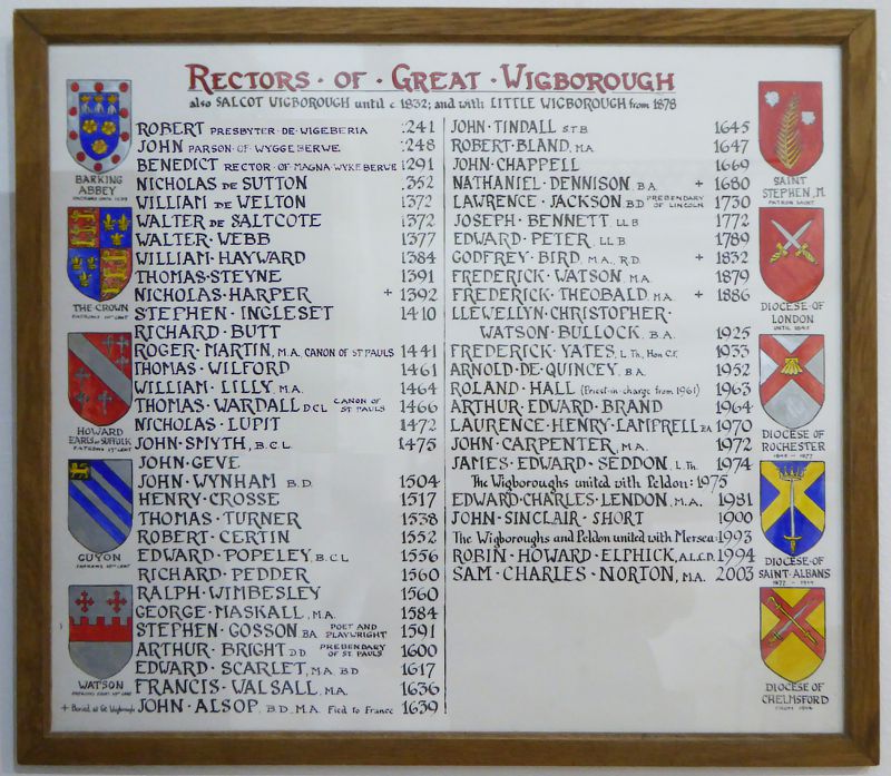  Rectors of Great Wigborough also Salcot Wigborough until c1832 and with Little Wigborough from 1878. Up to 1789, most of the names are also on the list in Salcott Church  ...
Cat1 Places-->Wigborough