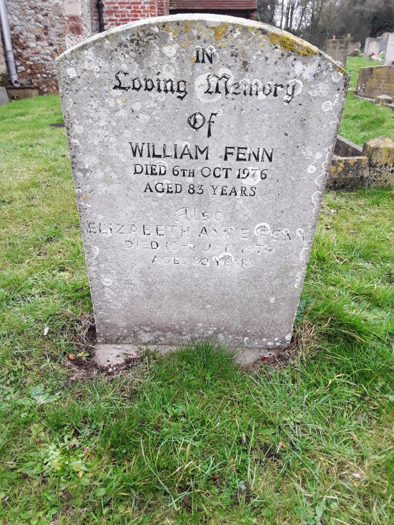  Peldon Churchyard grave.

In Loving Memory of William Fenn died 6 Oct 1976 aged 83 years

Also Elizabeth Annie Fenn died 10 Jan 1979 aged 80 years. 
Cat1 Places-->Peldon-->People