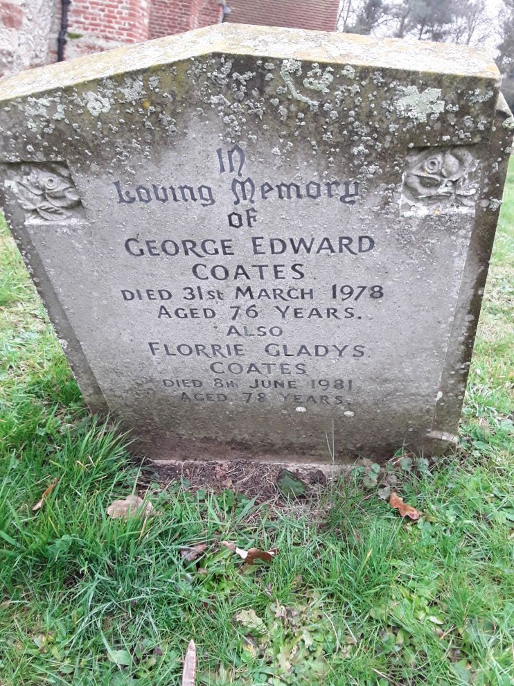 Peldon Churchyard 

In Loving Memory of George Edward Coates died 31 March 1978 aged 76 years

Also Florrie Gladys Coates died 8 June 1981 aged 78 years 
Cat1 Places-->Peldon-->People