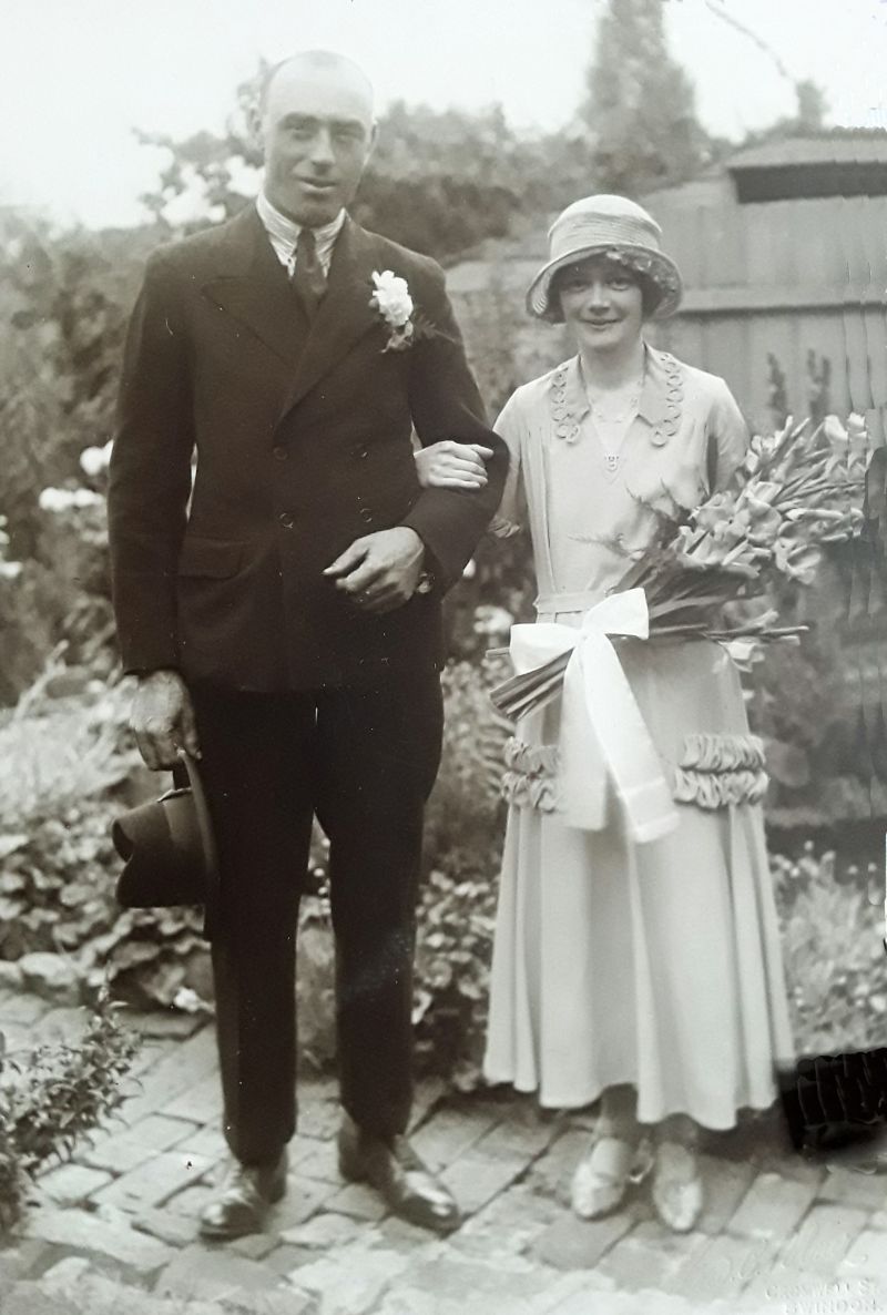  Wedding of Albert Beaumont and Emily Purbrick. 

Albert was born in the Lexden area, but worked in various parts of the country. Emily and Albert married in Upper Stratton, Wiltshire, and lived on the Isle of Wight, but in 1947 they moved to Peldpn. They took on running the Post Office in 1950. 
Cat1 Places-->Peldon-->People