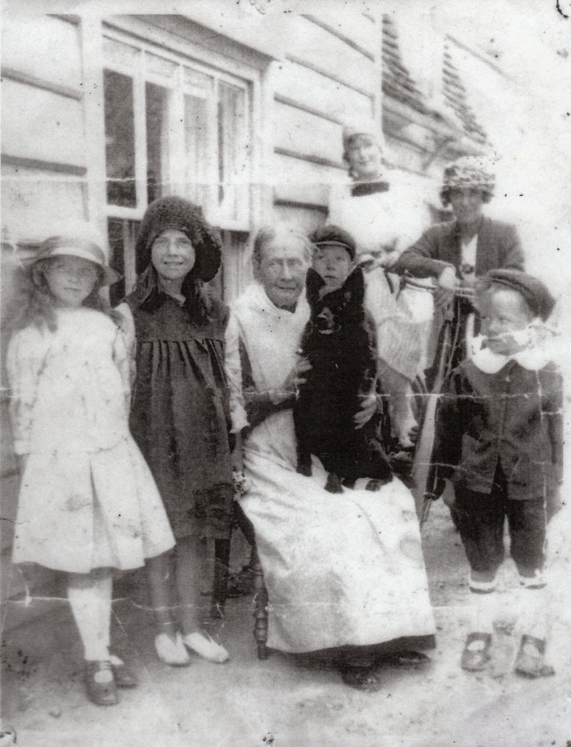  Front L-R 1. Gladys Green, 2. Stella Mole, 3. Granny Hewes, 4. Louis Green, Claude Green

At the back are the Misses Plummer who built the Old City Hall in the Lane after the Ship beerhouse had been demolished. They were supported by the Temperance Society in this. 
Cat1 Families-->Mole Cat2 Families-->Green