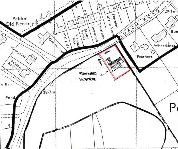  Peldon Rectories. Map showing site of proposed new vicarage.


Other houses named on the map are Viewpoint, Green-way, Mallards, Kendal Rise, Stony-banks, Lingwood, Treetops, Island View, Merelee, Feathers, Wheatlands. 
Cat1 Places-->Peldon-->Buildings Cat2 Maps and Charts