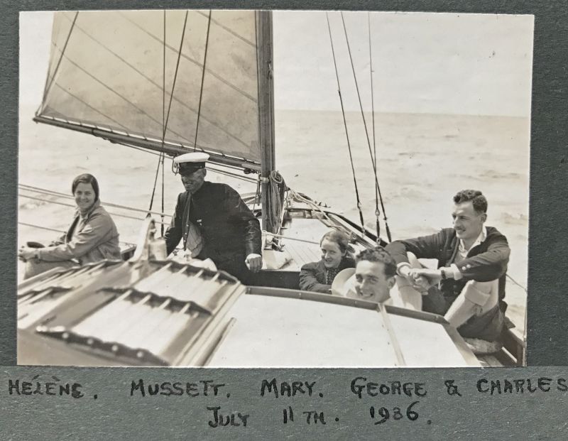 Skipper Mussett Grins - he has got the tiller at last. Frank Elgar Mussett on yacht WINDFLOWER.

Helene, Mussett, Mary, George & Charles. 
Cat1 Yachts and yachting-->Sail-->Larger Cat2 Families-->Mussett