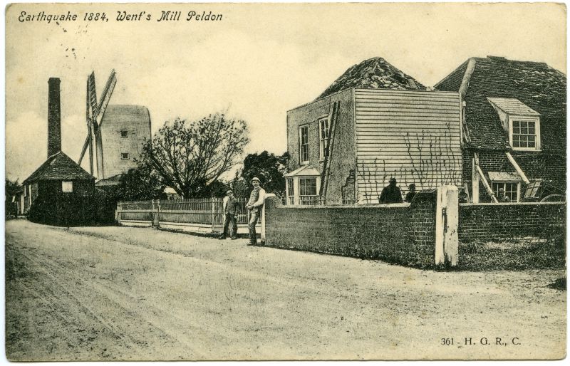  Earthquake 1884, Went's Mill, Peldon. Postcard written to George Frederick Unwin Esq., Mersea, Gidea Park, Near Romford, Sx. Date unreadable. 
Cat1 Places-->Peldon-->Buildings