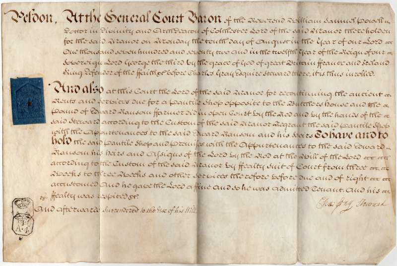  Document from Deeds of Sleyes, Peldon.

Regrant and Admission of Edward Ransom.


For transcription see  ...
Cat1 Places-->Peldon-->Buildings Cat2 Places-->Peldon-->People