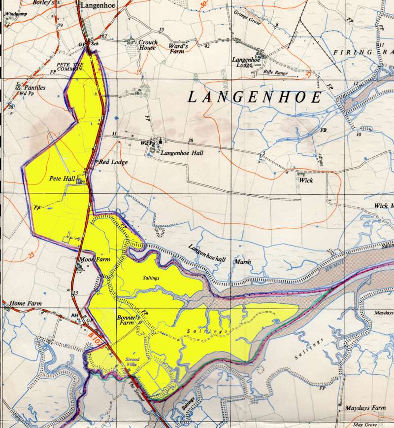  Part of Ordnance survey map annotated to show (in yellow) the area of the parish of West Mersea that was transferred in Peldon Parish in 1953.

From Ordnance Survey Map Sheet TM01. June 1955, used in  ...
Cat1 Places-->Peldon Cat2 Maps and Charts