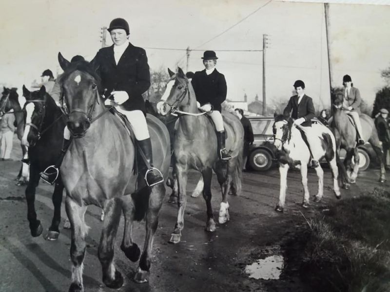  Anne Watson on Mortisha, Mrs Pat Bruton followed by Tony Mould on Flicka and Elizabeth Baines on Gold leaf at a meet at Layer Breton. The black horse was also one of Catchies called Coleen. 
Cat1 Mersea-->Clubs & Organisations