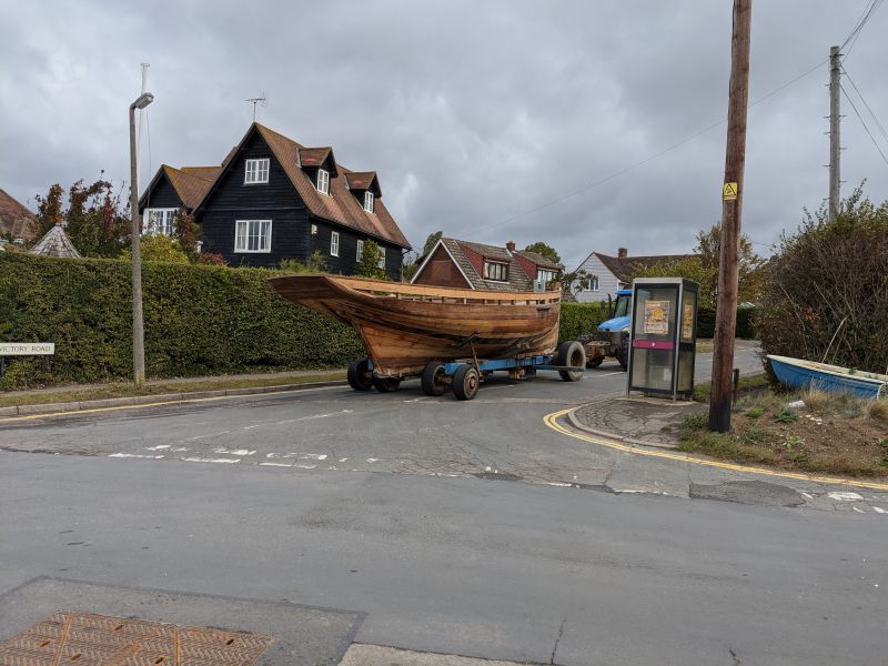  John Milgate's smack PURITAN leaving Mersea to be completed at Hollowshore in Kent. Corner of Victory Road and Coast Road - Besom House in the background. 
Cat1 Smacks and Bawleys