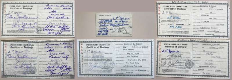  United States Coastguard Certificates of Discharge. Laurence E. Heiner



1. SS FORT MIFFLIN 248895 [T2 tanker] Date of Shipment 12 Dec 1946 Port Arthur, Port of Discharge 22 March 1946 Texas City

2. SS FORT MIFFLIN 248895 Date of Shipment 23 Mar 1946 Texas City, Port of Discharge 25 Apr 1946 Houston Tex.
3. 

4. S/S HELENA MODJESKA 246904 Date of Shipment 29 May 1946 Los ...
Cat1 Ships and Boats-->Merchant -->Power Cat2 People-->Fishermen and Seamen
