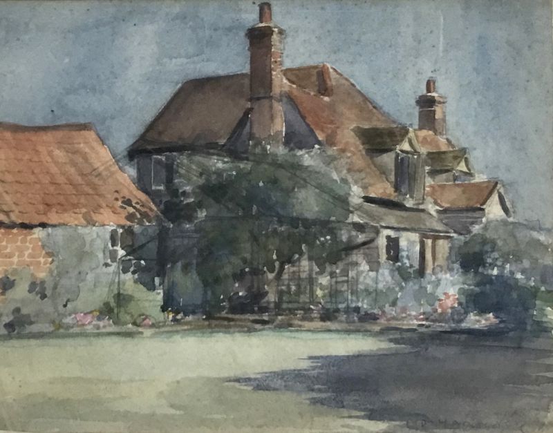  Greenwood, High Street North, West Mersea. Watercolour by Fid Harnack.

Greenwood was Fid's home from the 1920s until he died March 1983. It was known as Lilac Cottage when the family moved there 1922, but was renamed to Greenwood.



The painting was among a collection in Des Carter's estate October 2021 and was offered for sale at Reeman & Dansie November 2021. 
Cat1 Mersea-->Buildings Cat2 Art-->Fid Harnack