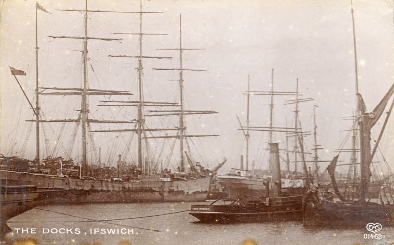  The Docks, Ipswich. Postcard EAS 01463.

Four masted barque, Steam tug FOAM, Ipswich. 
Cat1 Ships and Boats-->Merchant -->Sailing Cat2 Places-->Ipswich