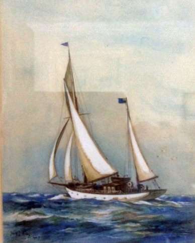  ALPHA, owned by John Blott. He says ALPHA was a most desirable ship and I used her until the year 1938, fourteen years, a rather long ownership, and then I was bitten with the idea of power in excess of sail and so built the ESSEX MAID.


Photograph of a painting owned by James Blott, dated 1937 and signed Joseph Grey. ALPHA was 80 feet LOA and built by Ceuvels SB in Amsterdam in 1918. ...
Cat1 Yachts and yachting-->Sail-->Larger