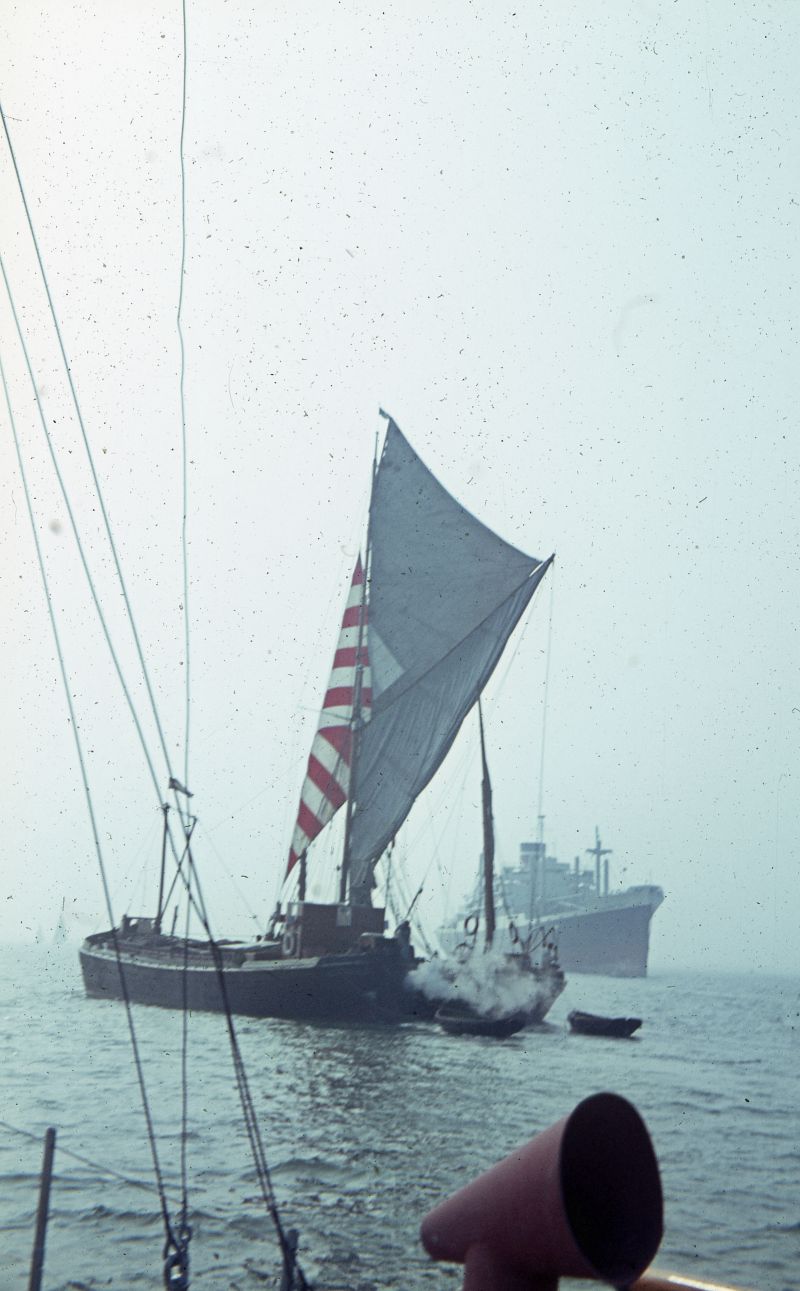 Motor barge and sailing barge passing CALIFORNIA STAR. The CALIFORNIA STAR was laid up in the Blackwater from 14 July 1967 to October 1967 and probably March 1968 to June 1968.
Undated 35mm slide by Jean Booth. Date: cAugust 1967.