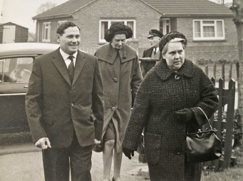  Hugh and Joan Hearsum and sister in law Auriol, arriving for the Wedding of Miriam Bacon and John Goody at the Assembly Hall, West Mersea. 
Cat1 Families-->Other