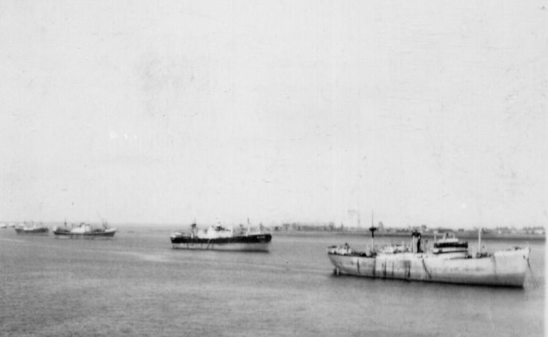Laid up ships in the River Blackwater. OKEANIS is on the right. Date: c1958.