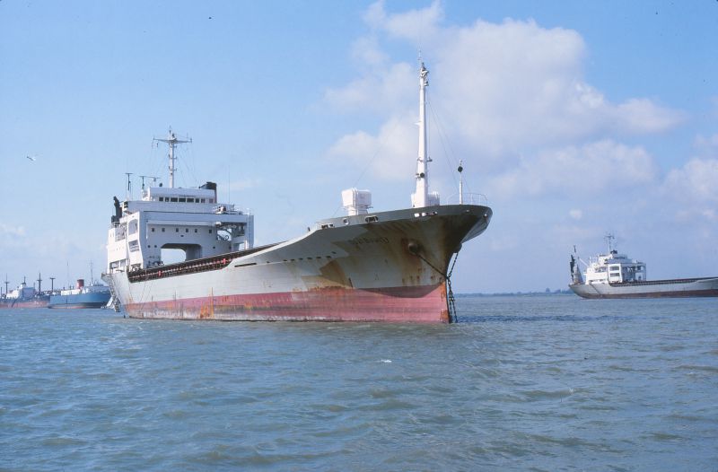 OPAL BOUNTY laid up in the River Blackwater. Astern are NORFOLK FERRY and PROTOKLITOS. Date: 3 October 1982.