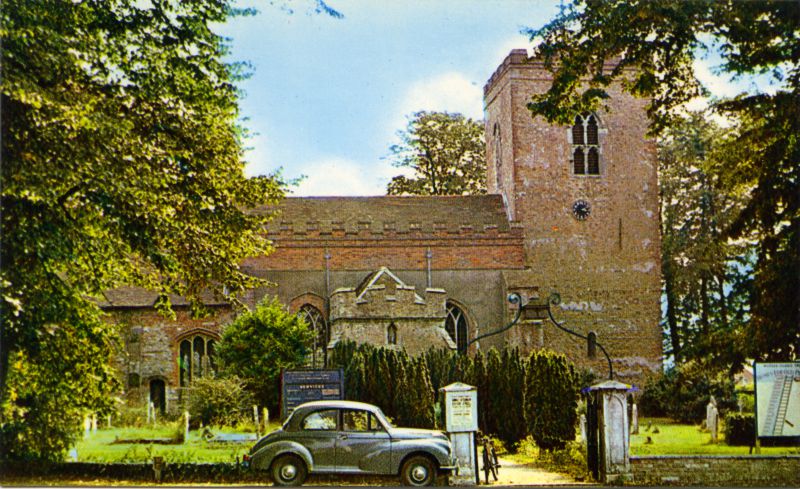  West Mersea Parish Church. Morris Minor outside. Postcard by F.W. Pawsey, Ipswich. 
Cat1 Mersea-->Buildings