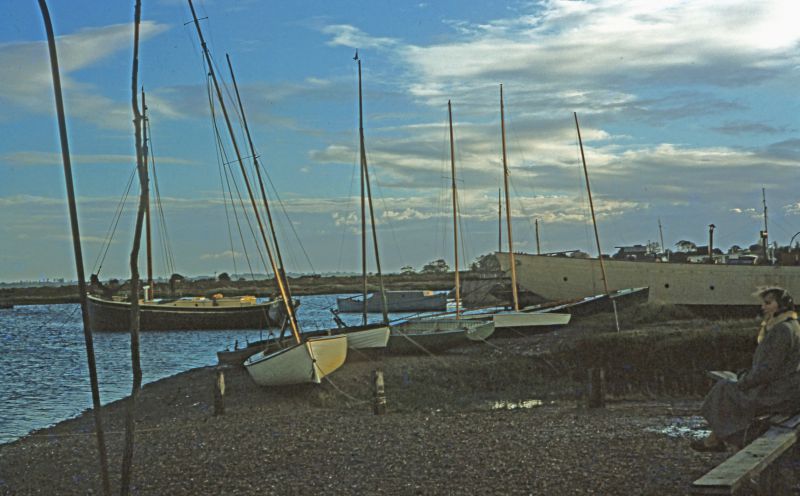 Rickhouse. Yacht MERRYMAID on right and SUSAN on mooring off her bow. 

From a 1950s slide taken by Mary Sime. 
Cat1 Tollesbury-->Woodrolfe Cat2 Yachts and yachting-->Sail-->Larger