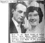 33. ID DM1_AB5_043_009 Bride for Mr David Green of Suffolk Avenue, West Mersea,, married at St Andrew's Church, Colchester, Saturday, was Miss Carol Hyam of 191 Greenstead Road.
Cat1 Families-->Green