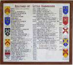  Rectors of Little Wigborough. Framed list on north wall of church, printed by T.B.Millatt.
</p><p>
<table>
<tr><td>Adam, parson of Parva Wyggebergh</td><td>1272</td></tr>
<tr><td>Philp</td><td>1308</td></tr>
<tr><td>Simon de Romenale</td><td>1329</td></tr>
<tr><td>Richard de Glenton</td><td>1331</td></tr>
<tr><td>Roger Poppe</td><td></td></tr>
<tr><td>Nicholas Downe</td><td>1390</td></tr>
<tr><td>John Gale</td><td></td></tr>
<tr><td>John Philipp</td><td>1430</td></tr>
<tr><td>Richard Kylworth</td><td>1445</td></tr>
<tr><td>Henry Scot</td><td></td></tr>
<tr><td>Peter Marshall</td><td>1459</td></tr>
<tr><td>John Bokenham</td><td>1493</td></tr>
<tr><td>John Parke</td><td>1513</td></tr>
<tr><td>Christopher Warton</td><td>1532</td></tr>
<tr><td>William Dobson</td><td>1551</td></tr>
<tr><td>Thomas Gleson</td><td>1573</td></tr>
<tr><td>Richard Bridgman, M.A.</td><td>1586</td></tr>
<tr><td>William Nicholson, M.A.</td><td>1613</td></tr>
<tr><td>Ralph Parris, M.A.</td><td>1640</td></tr>
<tr><td>Robert Sterrell, B.C.L. (removed)       </td><td>1641</td></tr>
<tr><td>John Coe (Intruding Puritan Minister)</td><td>1655</td></tr>
<tr><td>Roger Turbridge, M.A.</td><td>1662</td></tr>
<tr><td>Christopher Wragg, M.A.</td><td>1686</td></tr>
<tr><td>Richard Lidgold, M.A.</td><td>1690</td></tr>
<tr><td>George Trotter, M.A.</td><td>1708</td></tr>
<tr><td>Samuel Urlwyn, M.A.</td><td>1721</td></tr>
<tr><td>Benjamin Woolaston, M.A.</td><td>1729</td></tr>
<tr><td>Frederick Richards, M.A.</td><td>1734</td></tr>
<tr><td>John Temple, M.A.</td><td>1761</td></tr>
<tr><td>Fyge Jauncey, B.C.L.</td><td>1764</td></tr>
<tr><td>James Hargrave, M.A.</td><td>1773</td></tr>
<tr><td>John Maule, M.A.</td><td>1774</td></tr>
<tr><td>William Bird, M.A.</td><td>1776</td></tr>
<tr><td>John Lane, M.A.</td><td>1796</td></tr>
<tr><td>John Stewart, M.A.</td><td>1811</td></tr>
<tr><td>Henry Yeomans, M.A.</td><td>1812</td></tr>
<tr><td>Charles Thomas Heathcote, D.D.</td><td>1814</td></tr>
<tr><td>Richard Pain, B.C.L., M.A.</td><td>1820</td></tr>
<tr><td>Edward Bowen, M.A.</td><td>1854</td></tr>
<tr><td>Frederick Tyrwhitt-Drake, M.A.</td><td>1856</td></tr>
<tr><td>James J. Martin-Cunynghame, M.A.</td><td>1866</td></tr>
<tr><td>          United with Great Wigborough, 1878     </td><td></td></tr>
<tr><td>Frederick Watson, M.A.</td><td>1879</td></tr>
<tr><td>Frederick Theobald, M.A.</td><td>1886</td></tr>
<tr><td>Llewellyn Christopher Watson Bullock, B.A.</td><td>1925</td></tr>
<tr><td>Frederick Yates, L.Th., Hon C.F.</td><td>1933</td></tr>
<tr><td>Arnold de Quincey, B.A.</td><td>1952</td></tr>
<tr><td>Roland Hall (Priest-in-charge from 1961)</td><td>1963</td></tr>
<tr><td>Arthur Edward Brand</td><td>1964</td></tr>
<tr><td>Laurence Henry Lamprell, B.A.</td><td>1970</td></tr>
<tr><td>John Carpenter, M.A. (Priest in Charge)</td><td>1972</td></tr>
<tr><td>James Edward Seddon, L.Th</td><td>1974</td></tr>
<tr><td>The Wigboroughs united with Peldon</td><td>1975</td></tr>
<tr><td>Edward Charles Lendon M.A.</td><td>1981</td></tr>
<tr><td>John Sinclair Short</td><td>1990</td></tr>
<tr><td>The Wigboroughs and Peldon united with  West Mersea and East Mersea</td><td>1994</td></tr>
<tr><td>Robin Howard Elphick (Priest in Charge)</td><td>1994</td></tr>
</table>
<p>Robin Elphick was succeeded by Sam Charles Norton M.A. in 2003.  TM7_0543