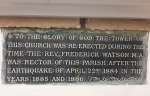  Plaque inside St Stephen's Church, Great Wigborough. It is in the base of the tower, now inside the toilet erected c2018.
</p><p>
To the Glory of God the tower of this church was re-erected during the time the Rev Frederick Watson MA was Rector of this Parish after the earthquake of April 22nd 1884 in the years 1885 and 1886.  GWG_CHC_027