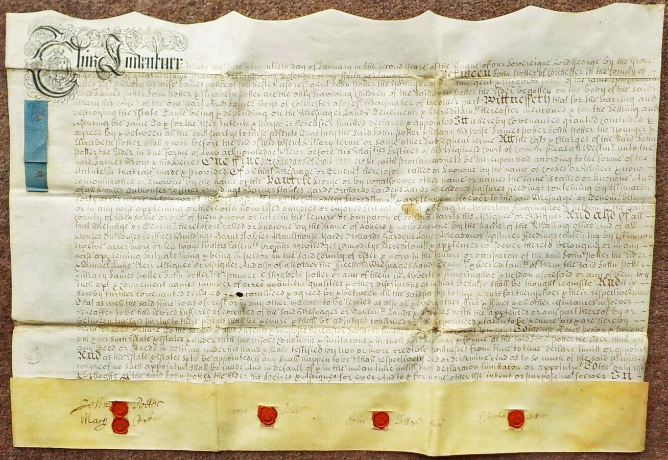  1715 Indenture conveying property between Potter family and James Boys, both of Colchester
</p><p>For a transcription, see <a href=mmresdetails.php?col=MM&ba=cke&typ=ID&rhit=1&pid=MARG_277_011 ID=1>MARG_277_011 </a>  MARG_277_001