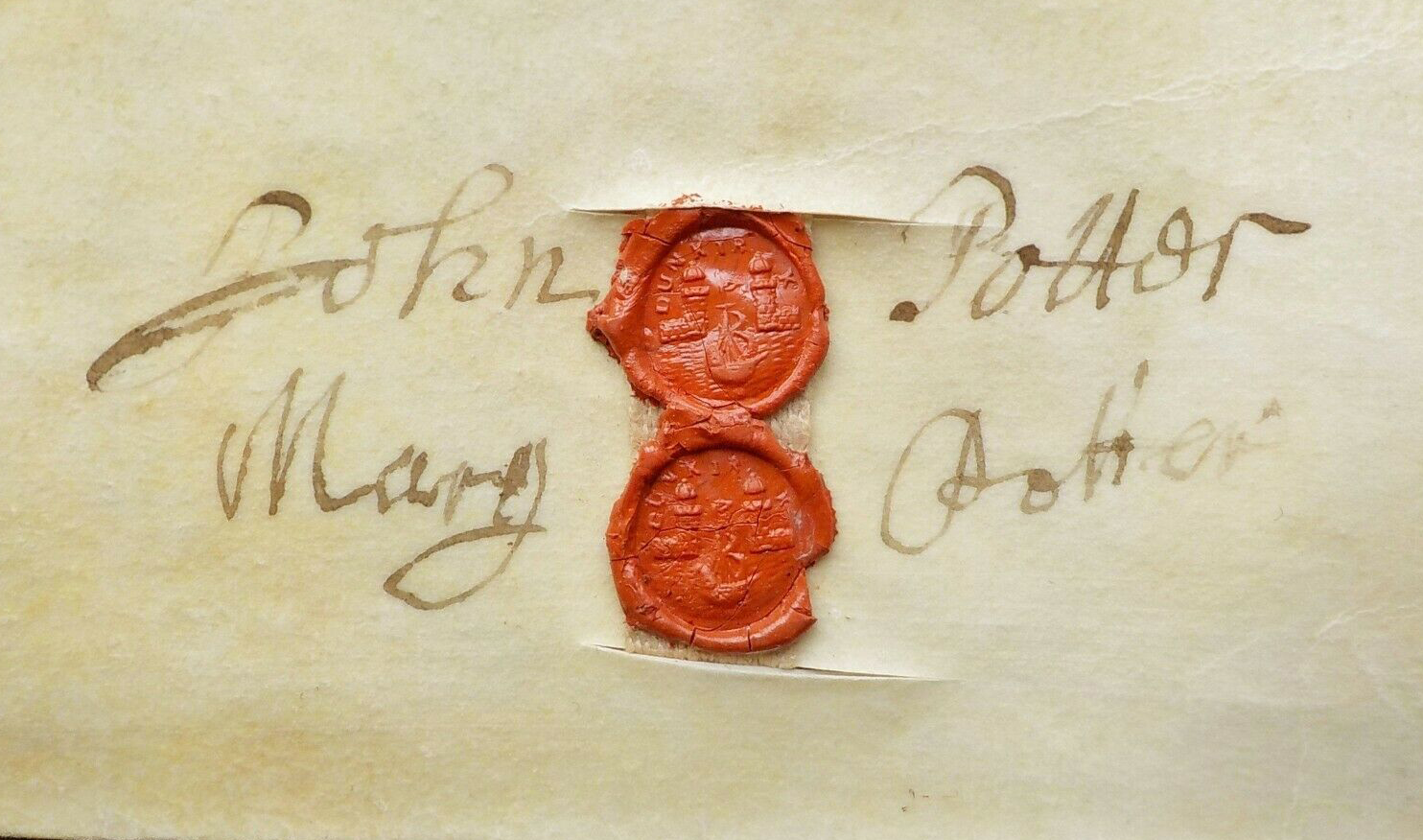  Wax Seal for John Potter and Mary Potter. The seals depict a ship and harbour surrounded by the word Dunkirk.
 From 1715 Indenture conveying property between Potter family and James Boys
</p>  MARG_277_009