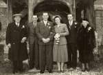  Wedding of Irene Taylor and Bob Ponder at Peldon Parish Church.
 L-R 1. Henry Augustus 'Harry' Ponder - grooms father, 2. Bernard Ponder - grooms brother and Best Man, 3. Robert 'Bob' Ponder - groom, 4. Irene Taylor (née Beaumont) - bride, 5. Dough Beaumont - bride's brother, 6. Emily Beaumont - brides stepmother. Family called her Nan Beaumont.
 Photograph from Pat Milgate, details from Anne Taylor - granddaughter of Irene.  OJR_721